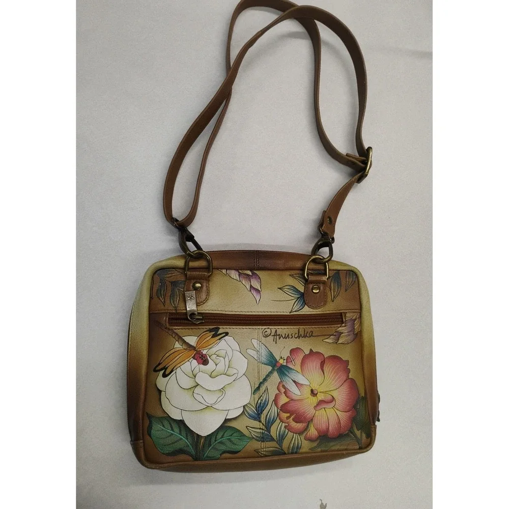 ANUSCHKA Leather Shoulder Bag Hand Painted Colorful Dragonfly & Floral Design‎
